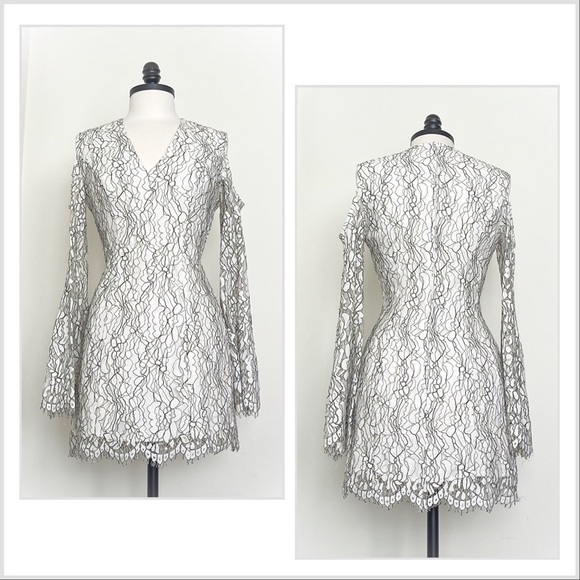 Keepsake white and black floral fitted lace dress cold shoulder long bell sleeve - Picture 1 of 9